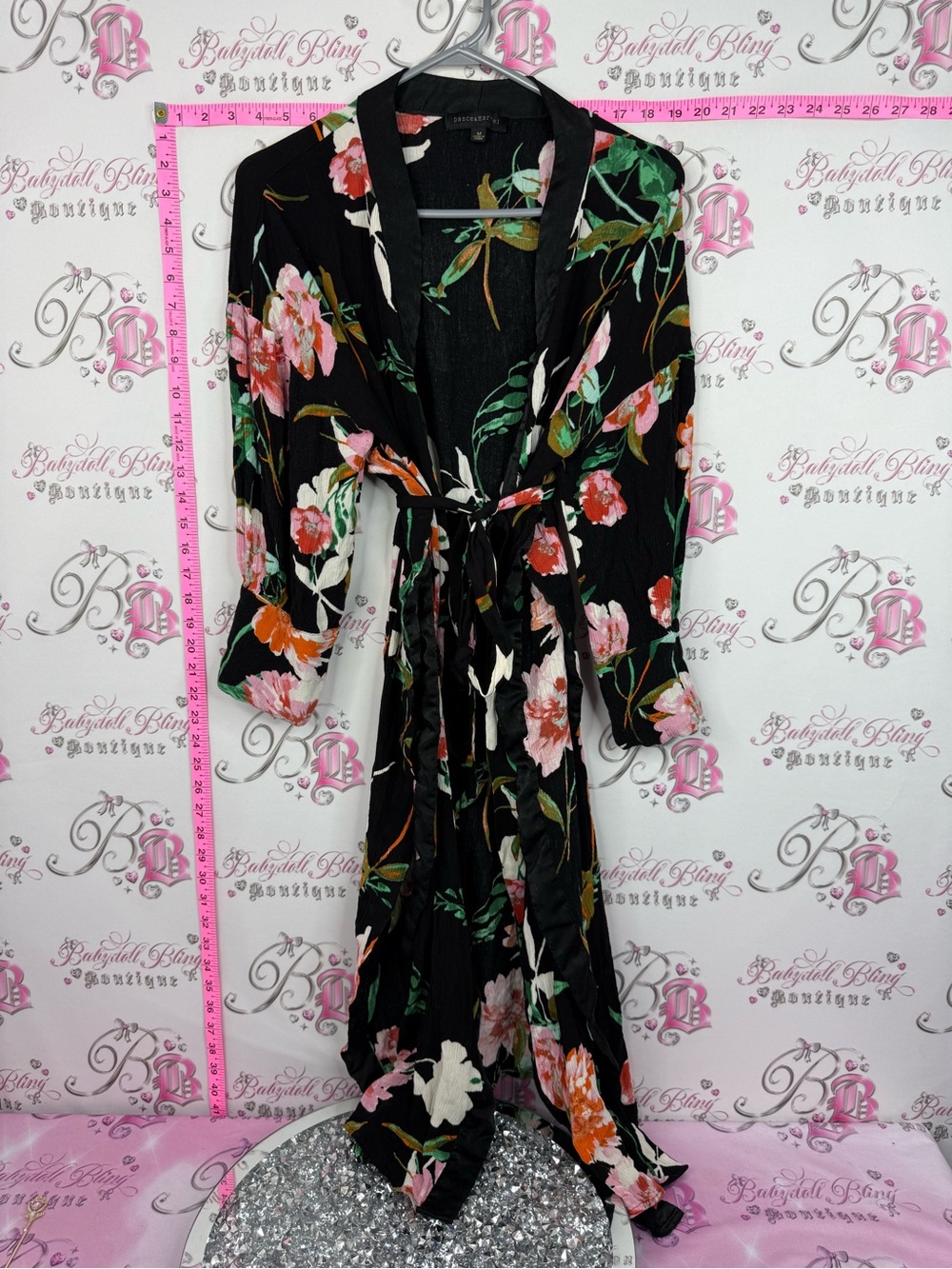 Dance & Marvel Black Floral Midi Wrap Dress with Pink & Orange Blooms